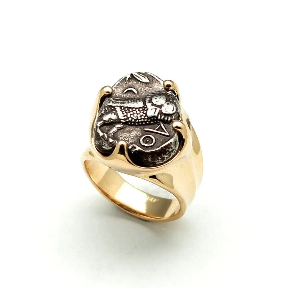 14K Solid Gold Ring, Athena Owl,  Attica, Genuine Ancient Coin, ID13870