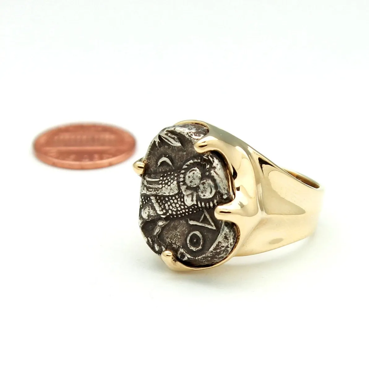 14K Solid Gold Ring, Athena Owl,  Attica, Genuine Ancient Coin, ID13870