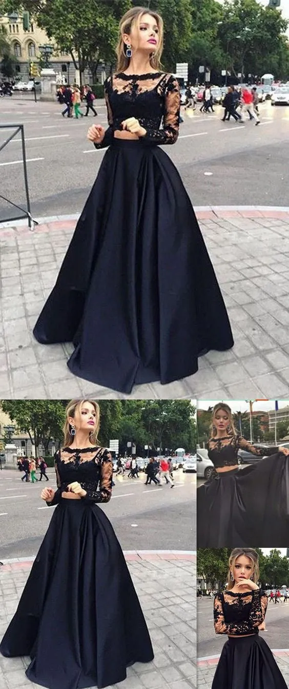 2 Pieces Long Sleeves Lace Evening Party Long Prom Dresses, BG51136
