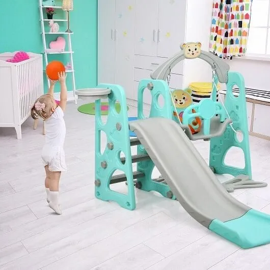 3 in 1 Toddler Climber and Swing Set Slide Playset-Green - Color: Green