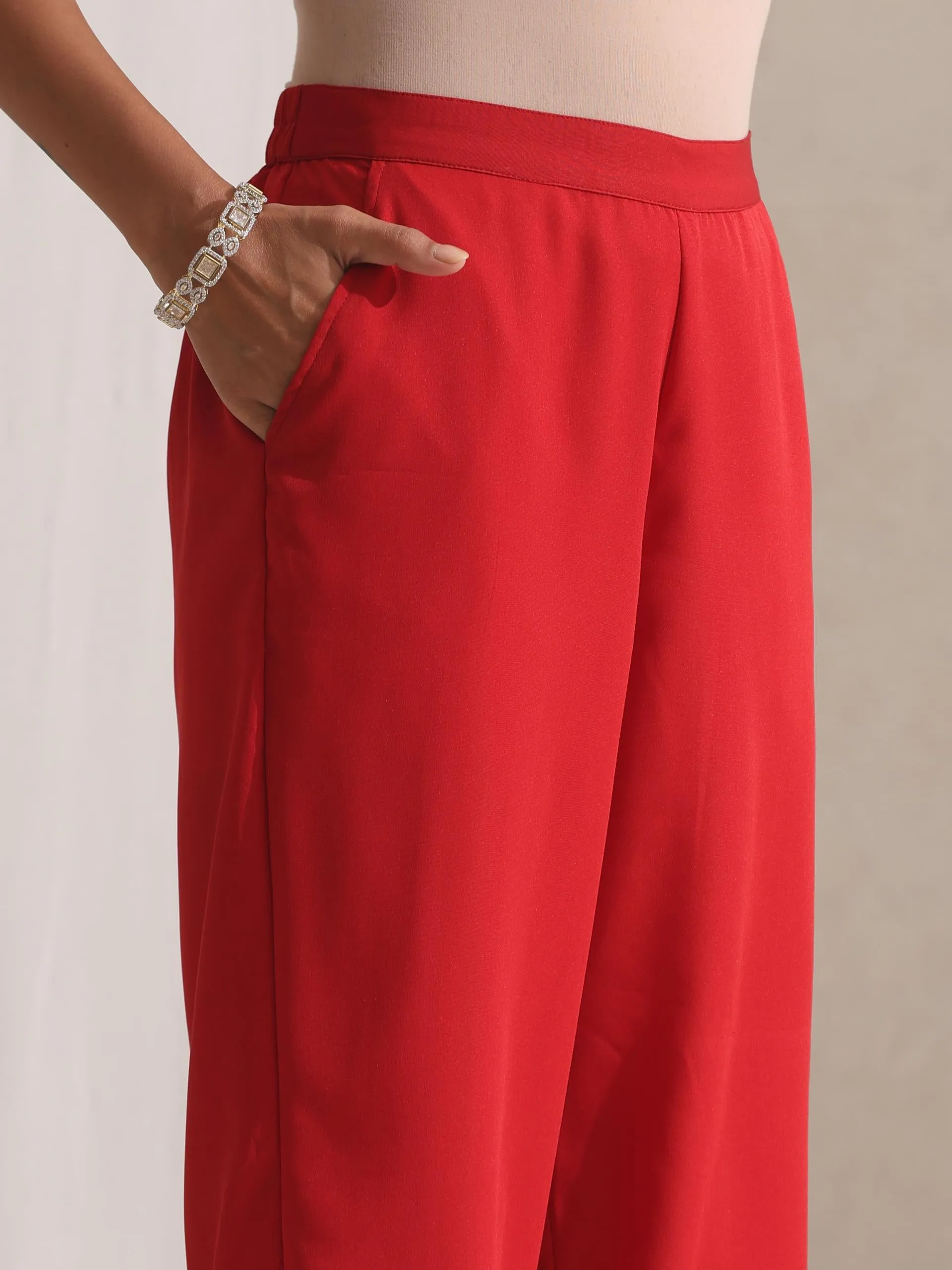 3 Pc SET - All I Want Red Georgette Kurta and Dupatta with Lace and Pyjama