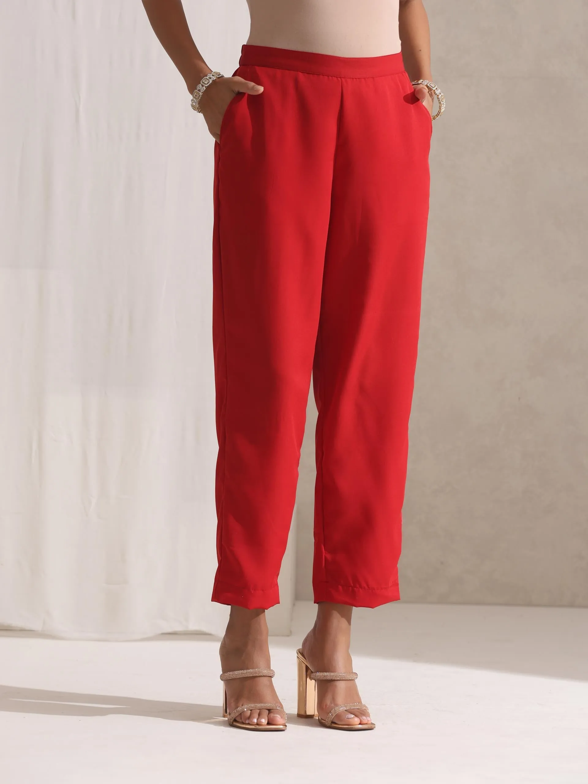 3 Pc SET - All I Want Red Georgette Kurta and Dupatta with Lace and Pyjama