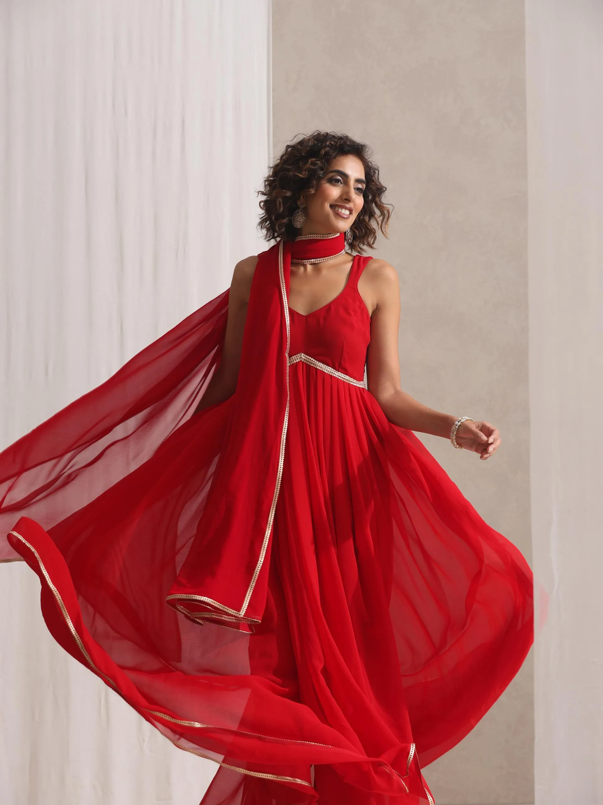 3 Pc SET - All I Want Red Georgette Kurta and Dupatta with Lace and Pyjama