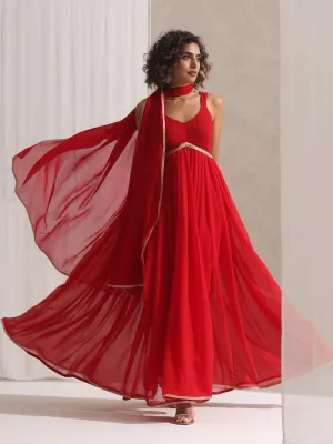 3 Pc SET - All I Want Red Georgette Kurta and Dupatta with Lace and Pyjama