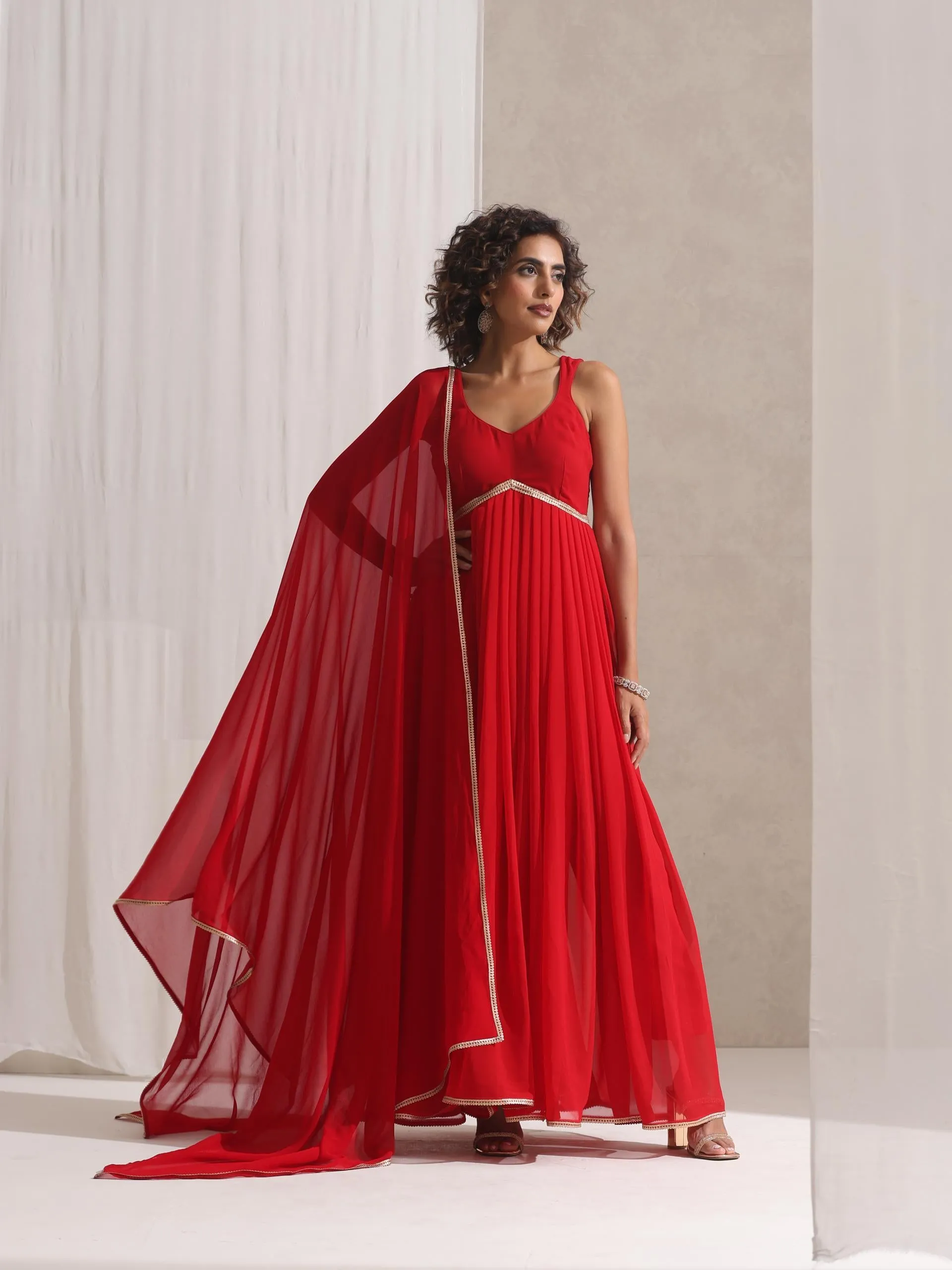 3 Pc SET - All I Want Red Georgette Kurta and Dupatta with Lace and Pyjama