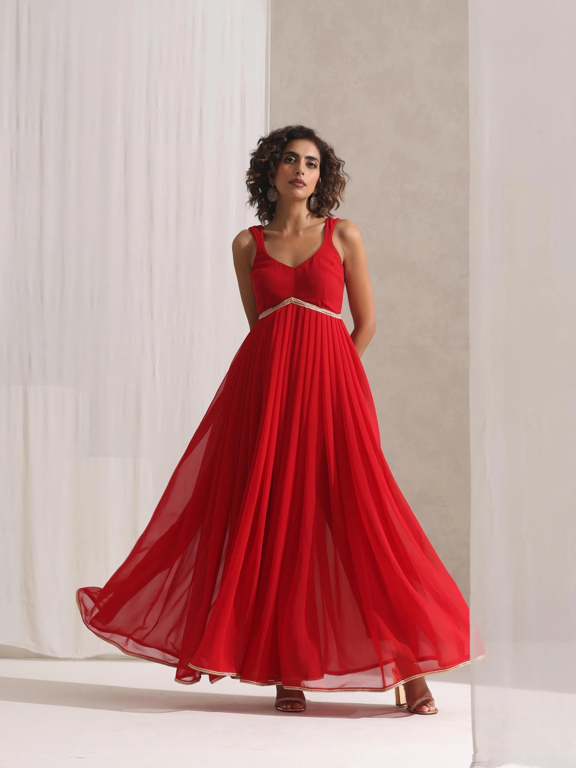 3 Pc SET - All I Want Red Georgette Kurta and Dupatta with Lace and Pyjama