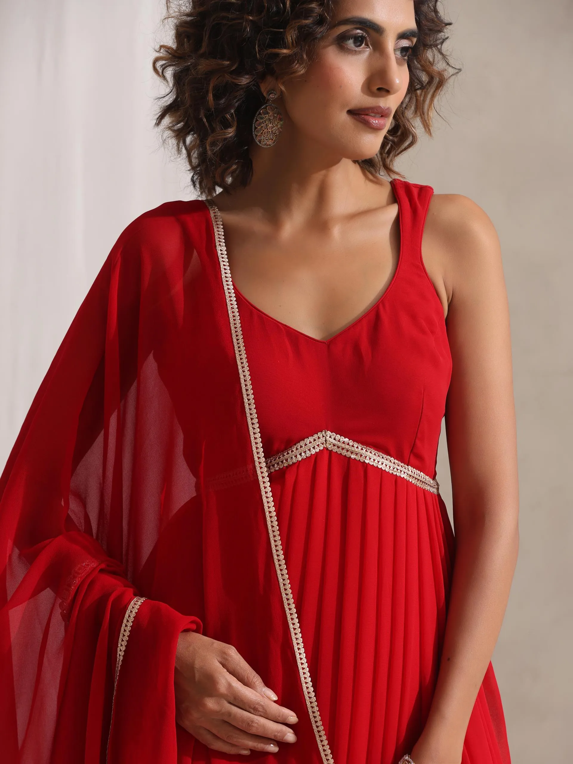 3 Pc SET - All I Want Red Georgette Kurta and Dupatta with Lace and Pyjama