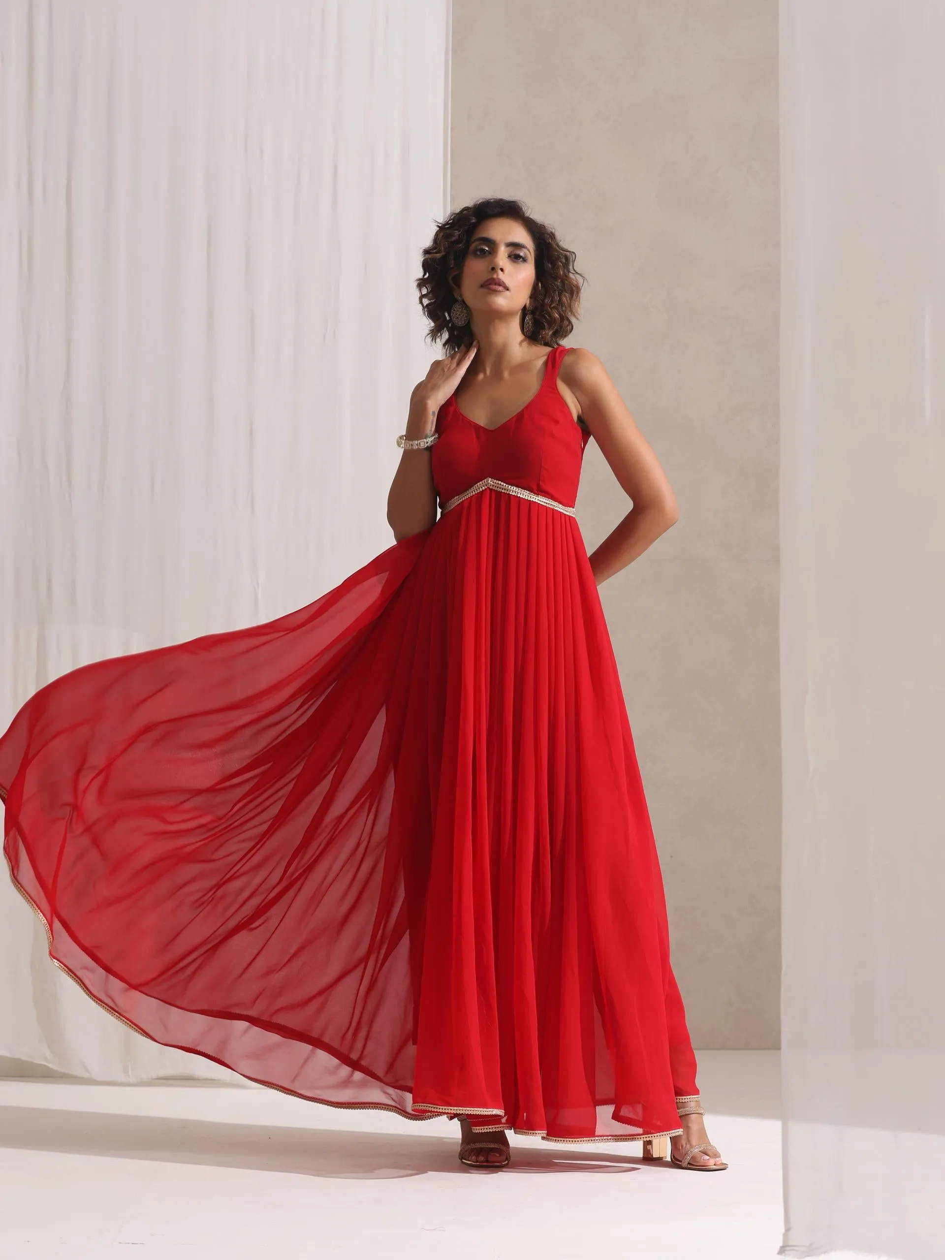 3 Pc SET - All I Want Red Georgette Kurta and Dupatta with Lace and Pyjama