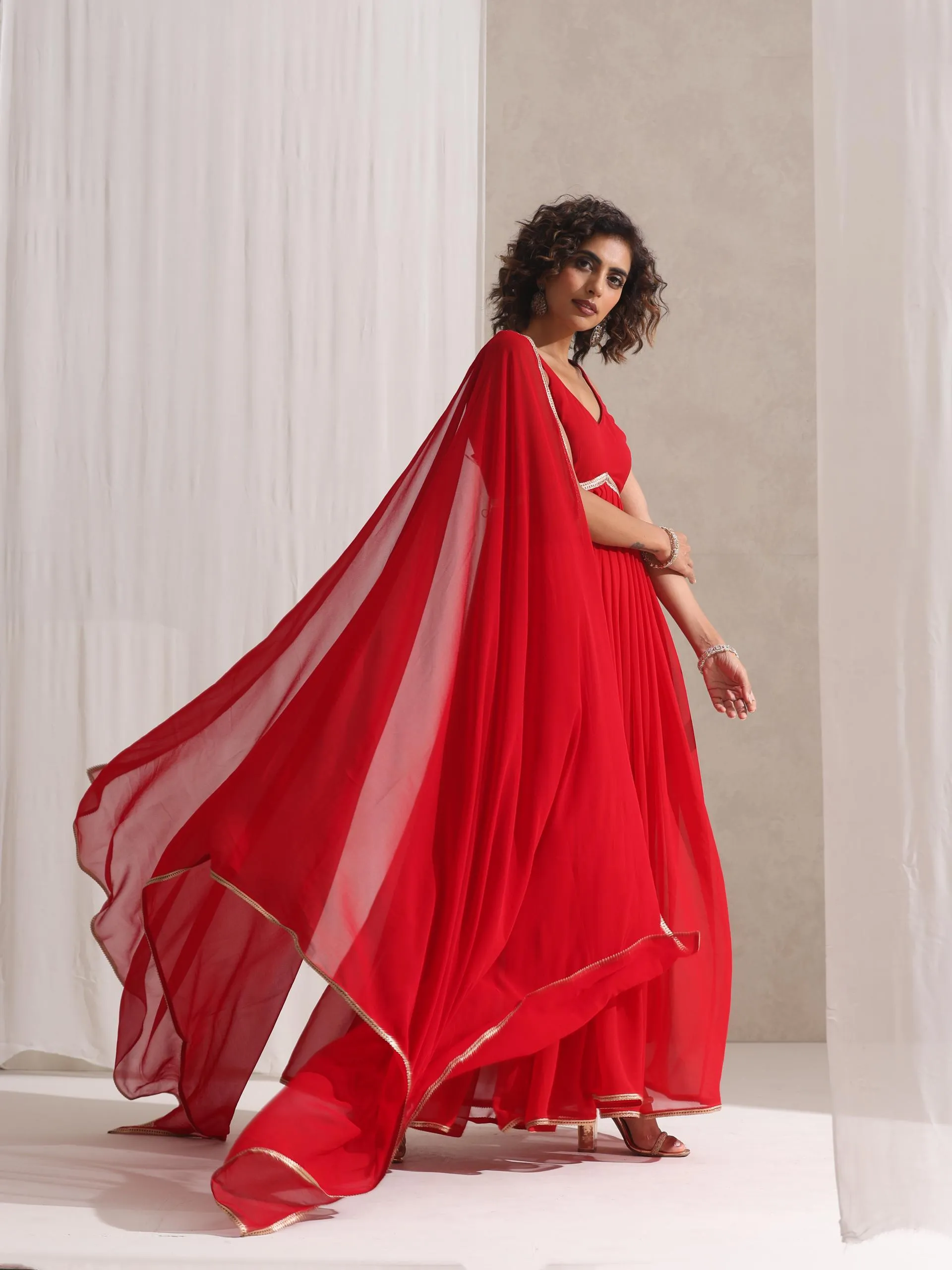 3 Pc SET - All I Want Red Georgette Kurta and Dupatta with Lace and Pyjama