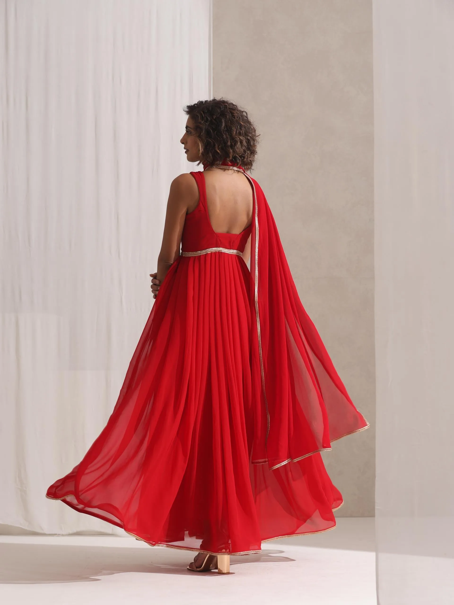 3 Pc SET - All I Want Red Georgette Kurta and Dupatta with Lace and Pyjama