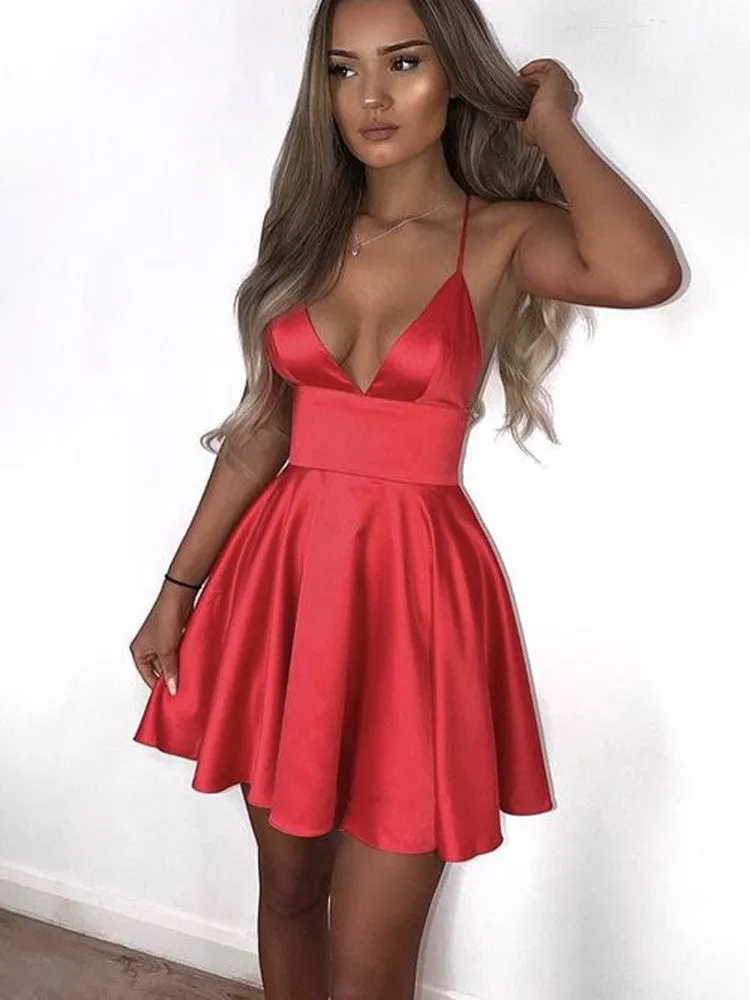 A-line Deep V-neck Spaghetti Straps Backless Homecoming Dresses, HD0519