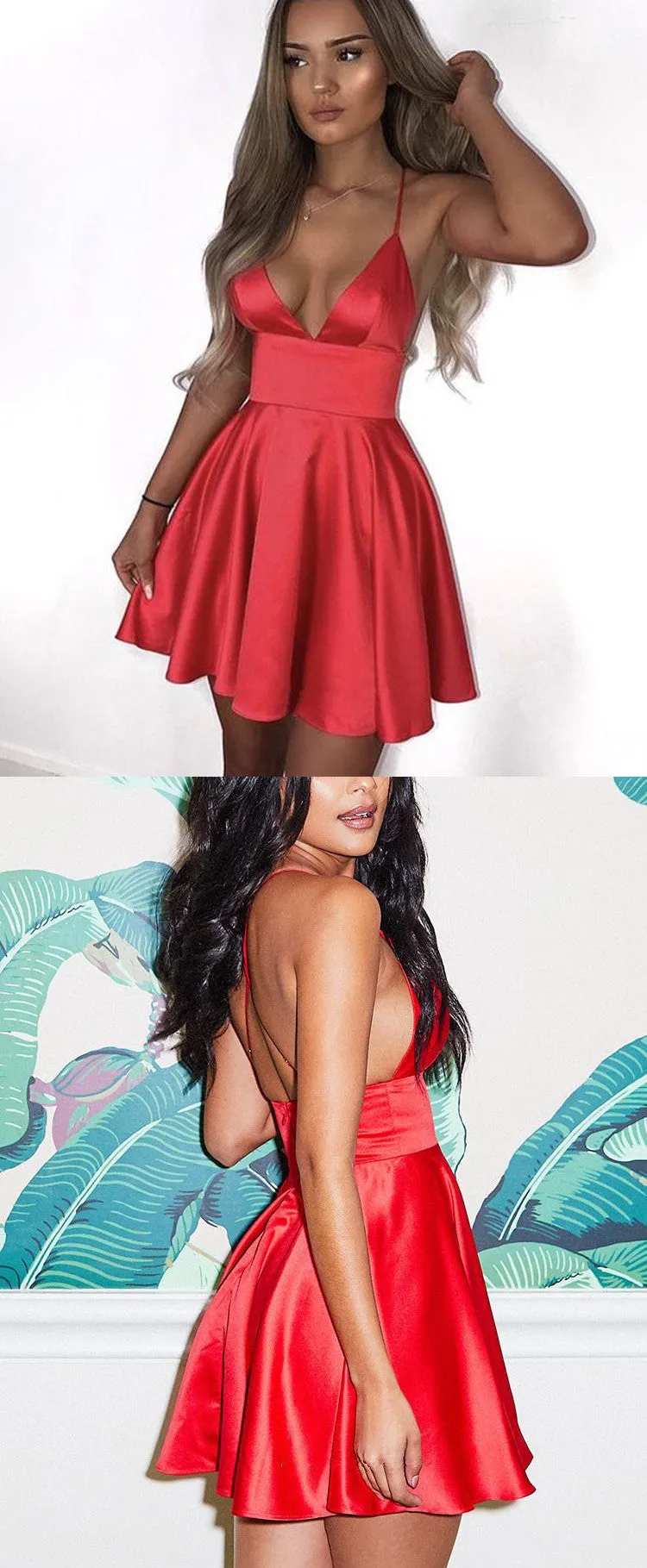 A-line Deep V-neck Spaghetti Straps Backless Homecoming Dresses, HD0519