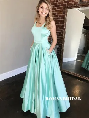 A-line Floor-length Square Neck Open-back Prom Dresses With pockets, PD0849