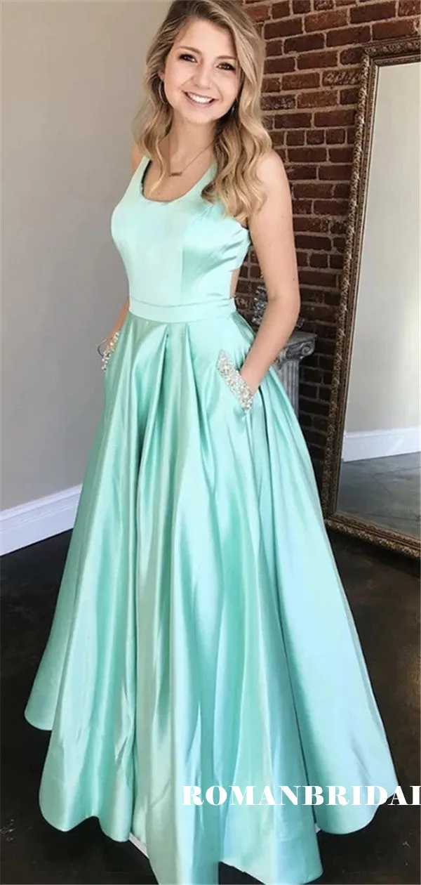 A-line Floor-length Square Neck Open-back Prom Dresses With pockets, PD0849