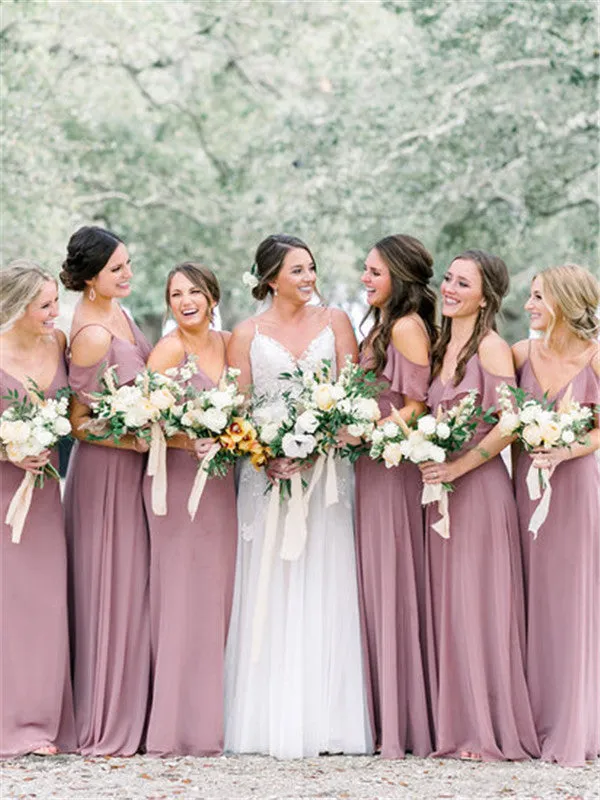 A-line Floor-length V-neck Off-shoulder Bridesmaid Dresses With Ruffles, BD0623