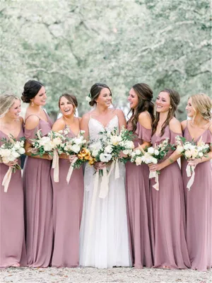 A-line Floor-length V-neck Off-shoulder Bridesmaid Dresses With Ruffles, BD0623