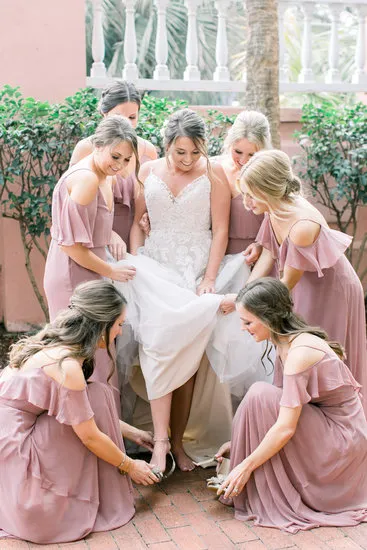 A-line Floor-length V-neck Off-shoulder Bridesmaid Dresses With Ruffles, BD0623
