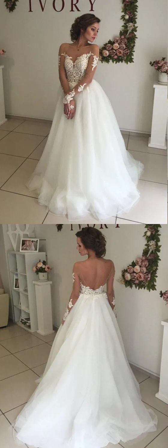 A-line Lace Appliques Top Backless Long Sleeves Tulle Wedding Dresses, WD0396