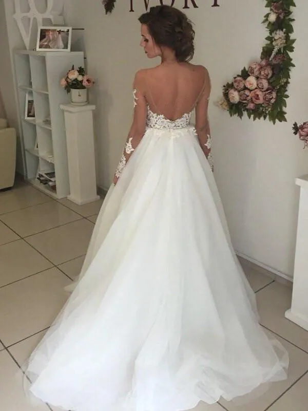 A-line Lace Appliques Top Backless Long Sleeves Tulle Wedding Dresses, WD0396