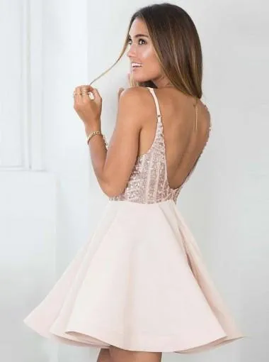 A-Line Spaghetti Straps Deep V-neck Sequins Backless Short Homecoming Dress, HD0407