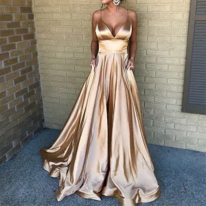 A-Line Spaghetti Straps Simple Prom Dress with Pockets, PD0706