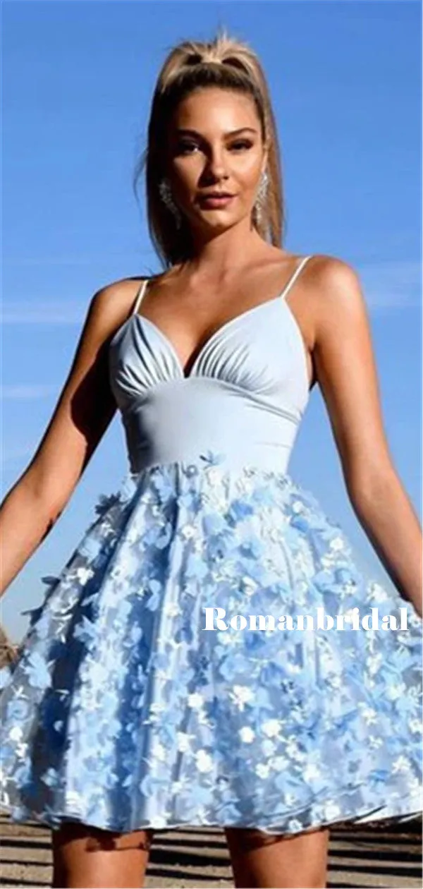 A-line Spaghetti Straps V-neck Appliques Backless Homecoming Dresses, HD0556