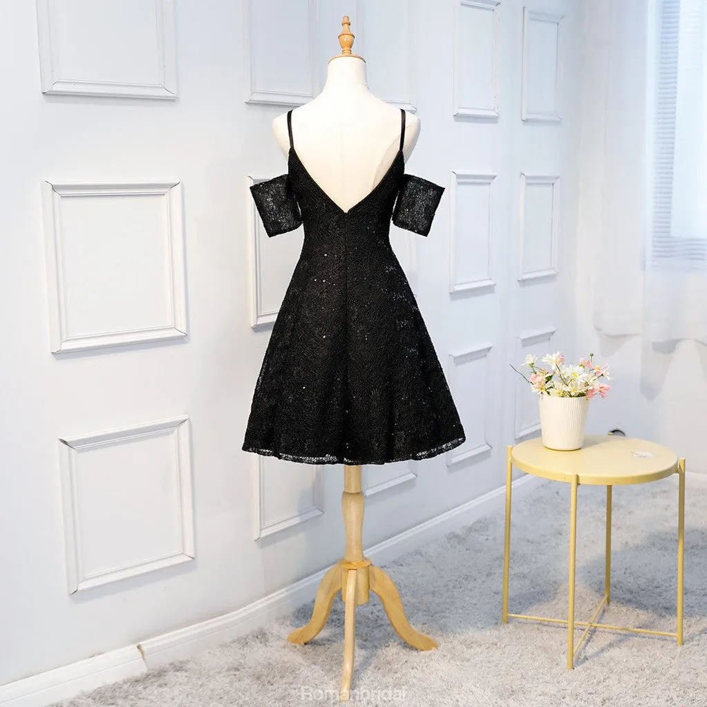 A-line Spaghetti Straps V-neck Short sleeves Black Lace Sequins Homecoming Dresses, HD0390