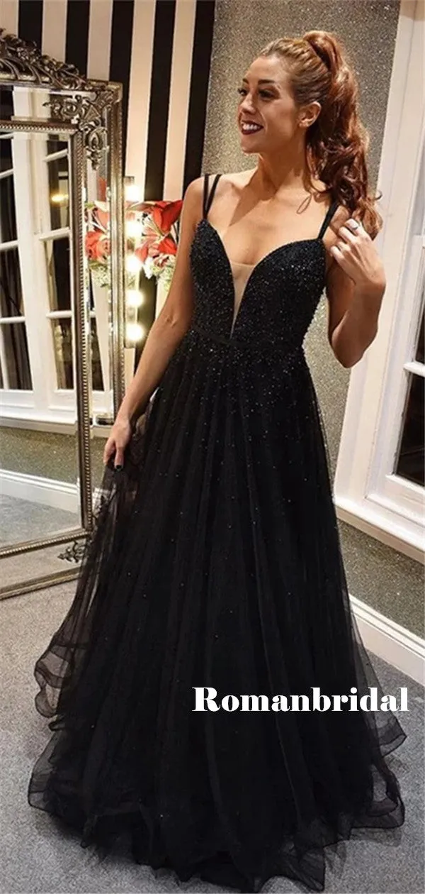A-line Straps V-neck Backless Beading Long Organza Prom Dresses, PD0805