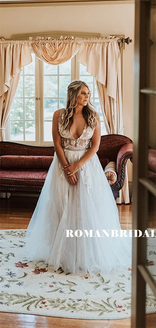 A-line V-neck Appliques Backless Long Tulle Wedding Dresses, WD0482