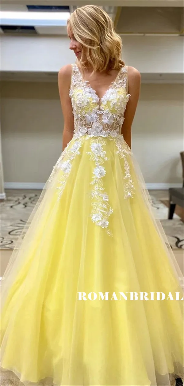A-line V-neck Floor-length See-though Appliques Yellow Prom Dresses, PD0855