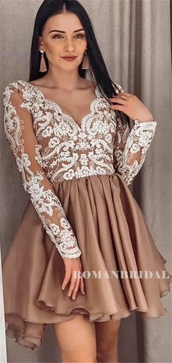 A-line V-neck Long Lace Sleeves Short Chiffon Homecoming Dresses, HD0571