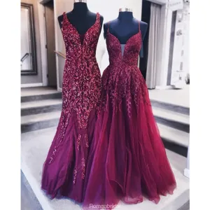 A-line V-neck Red Sequins Appliques Long tulle Prom Dress, PD0631