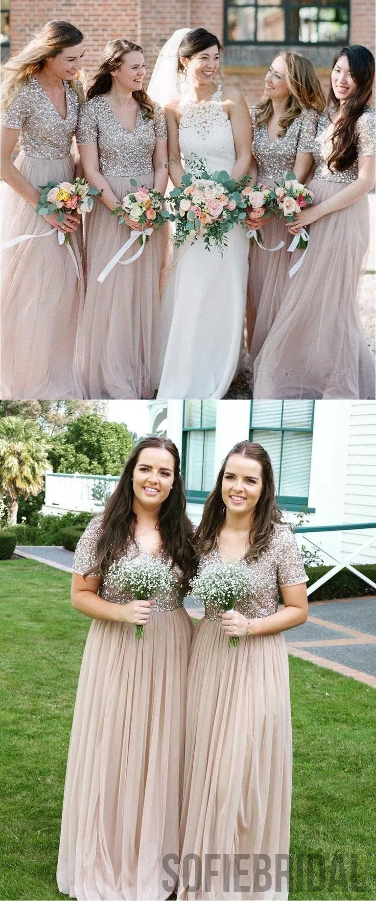 A-line V-neck Short Sleeves Sequins Long Tulle Bridesmaid Dresses, BD0573