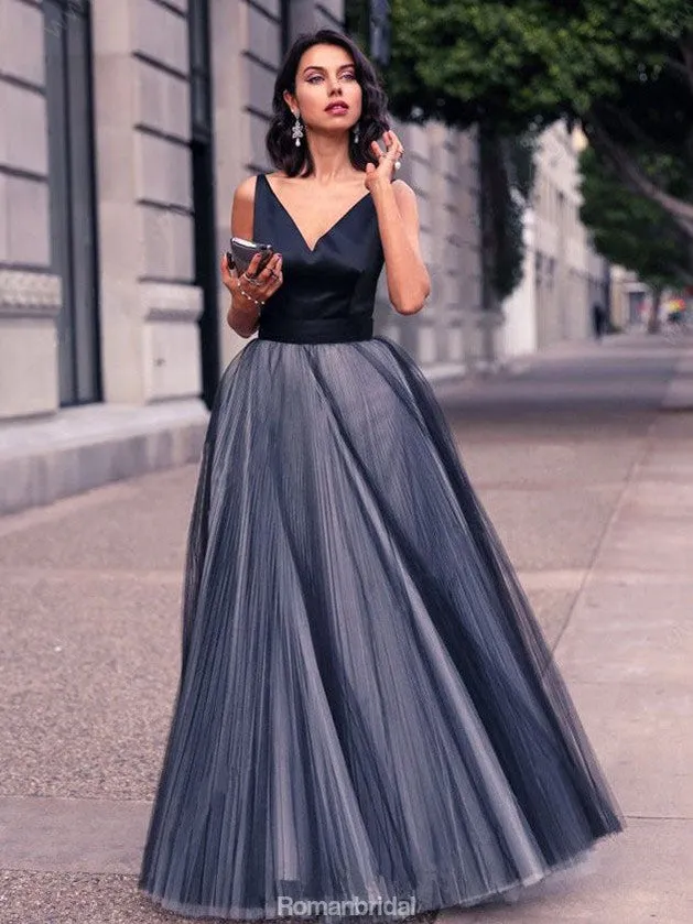 A-line V-neck Sleeveless Long Tulle Cheap Prom Dress, PD0628