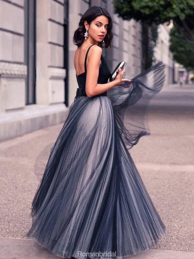 A-line V-neck Sleeveless Long Tulle Cheap Prom Dress, PD0628