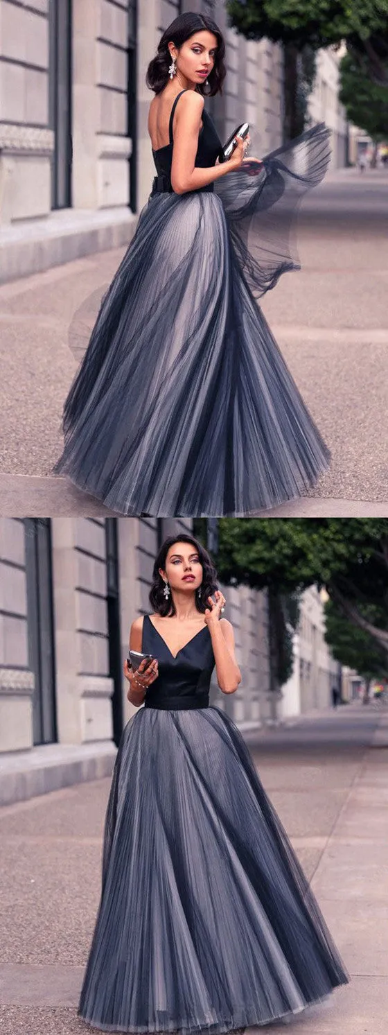 A-line V-neck Sleeveless Long Tulle Cheap Prom Dress, PD0628