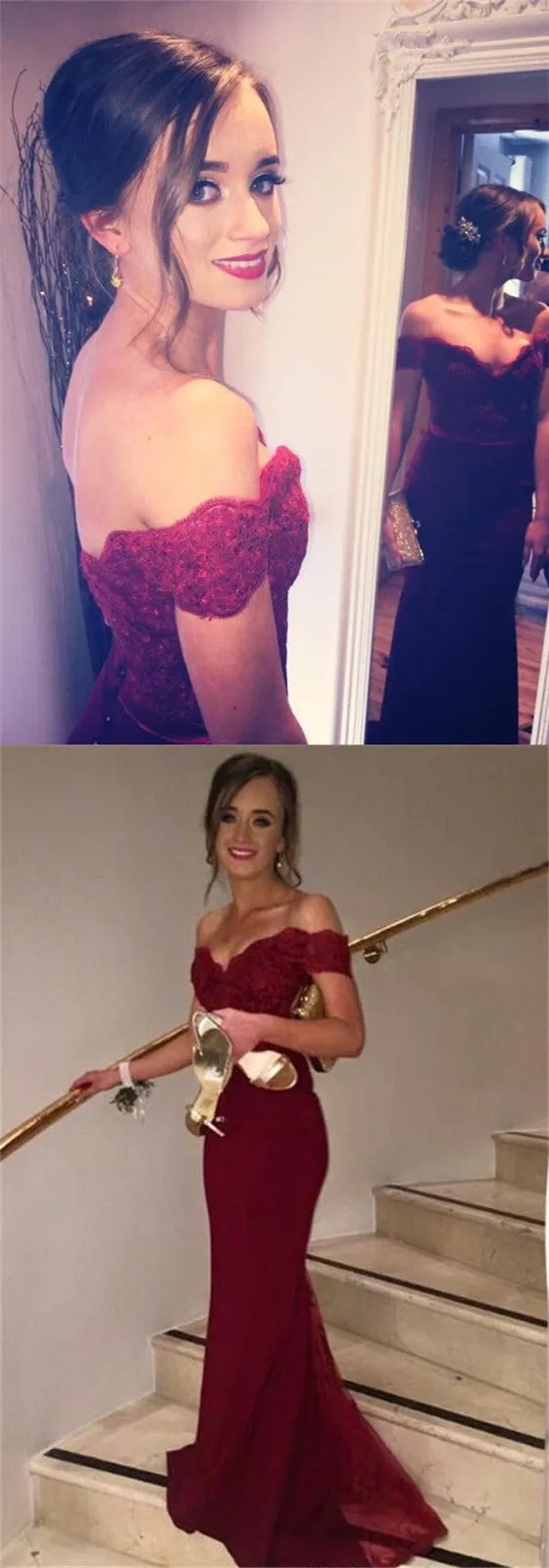 Best Sales Burgundy Off Shoulder Mermaid Lace Long Prom Party Dresses for wedding, BG51040