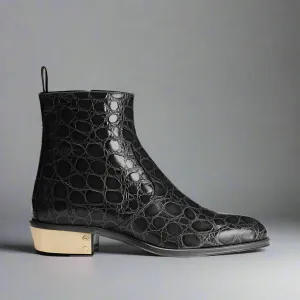 BLACK CROC PATTERN LEATHER SLIP ON CHELSEA BOOTS WITH ZIPPER AND GOLDEN HEEL PLATE - CHELSEA BOOTS
