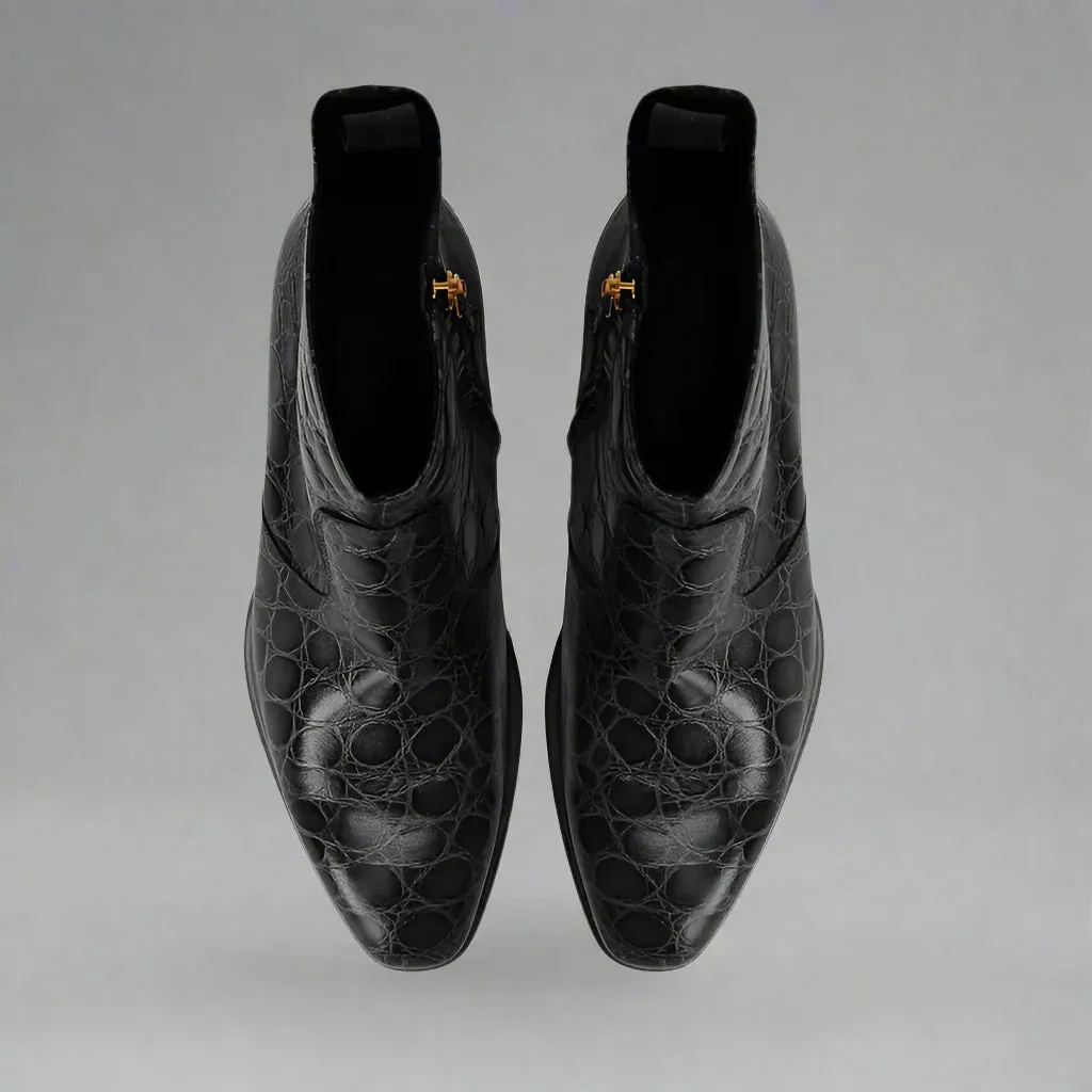 BLACK CROC PATTERN LEATHER SLIP ON CHELSEA BOOTS WITH ZIPPER AND GOLDEN HEEL PLATE - CHELSEA BOOTS