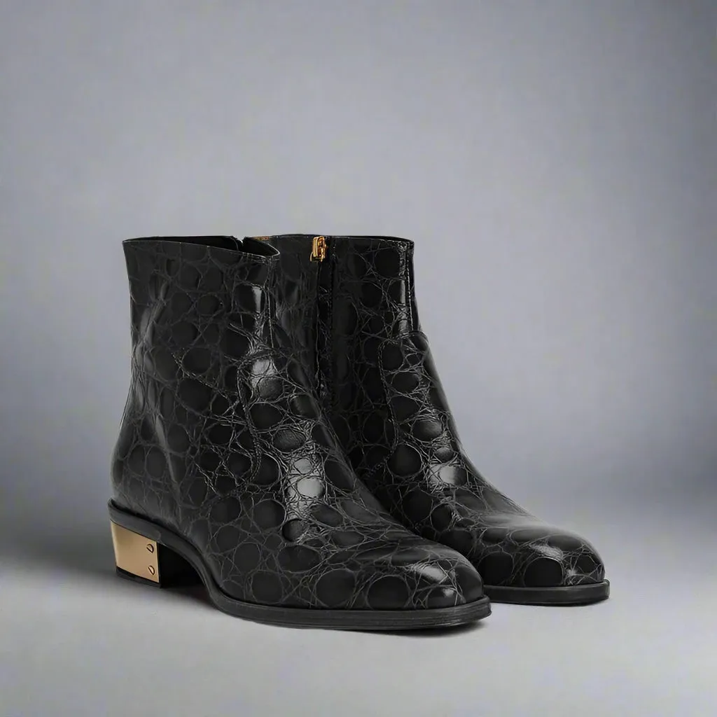 BLACK CROC PATTERN LEATHER SLIP ON CHELSEA BOOTS WITH ZIPPER AND GOLDEN HEEL PLATE - CHELSEA BOOTS