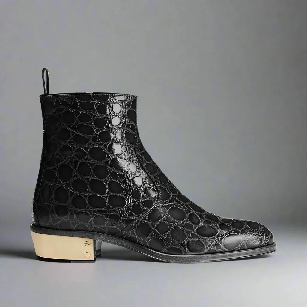 BLACK CROC PATTERN LEATHER SLIP ON CHELSEA BOOTS WITH ZIPPER AND GOLDEN HEEL PLATE - CHELSEA BOOTS