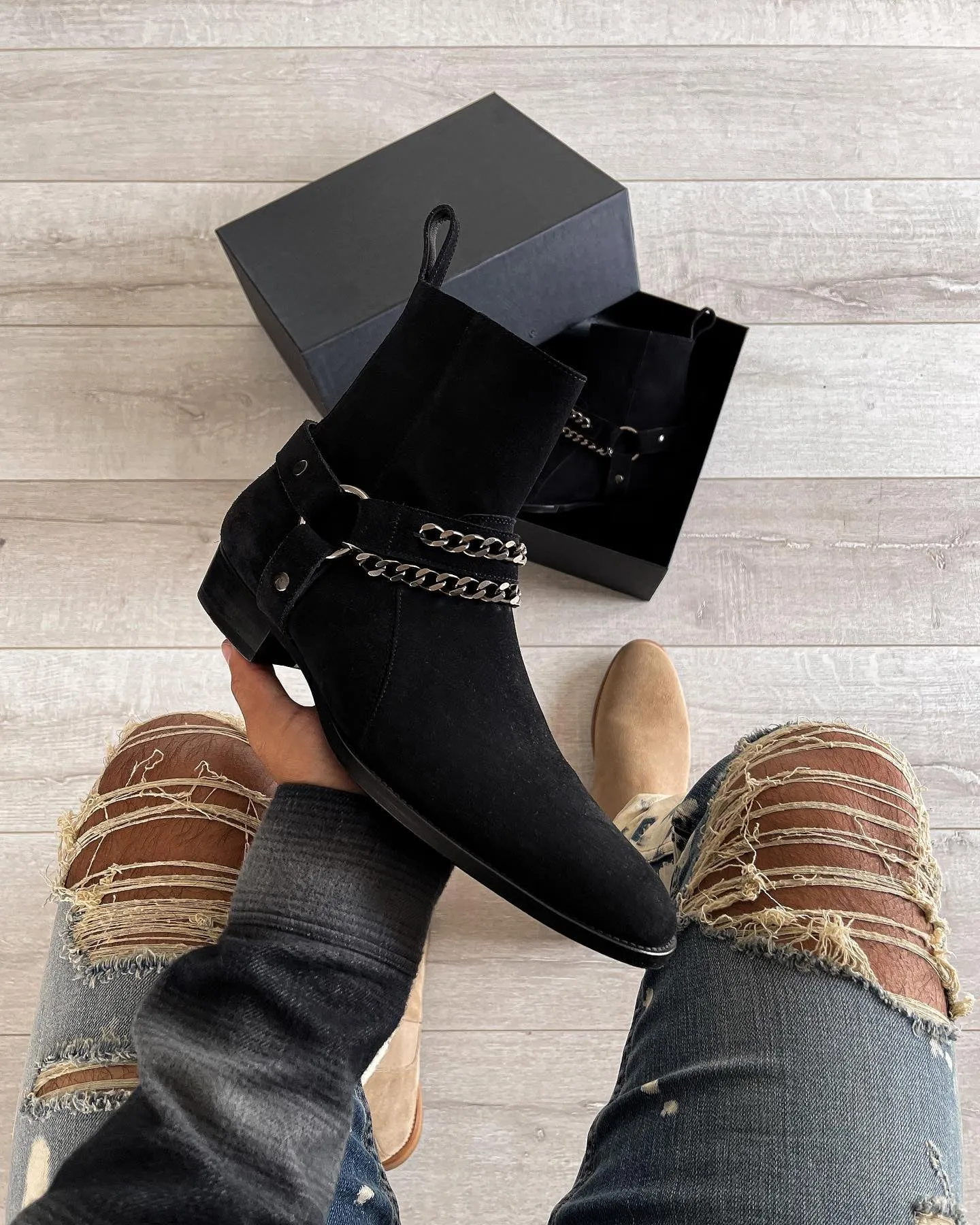 Black Italian Suede Ravian Harness Chelsea Boots with Chains - Chelsea Boots