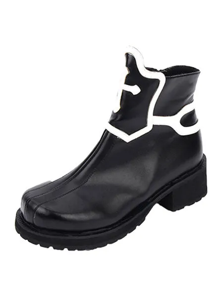 Black Lolita Booties Round Toe PU Printed Lolita Short Booties For Women