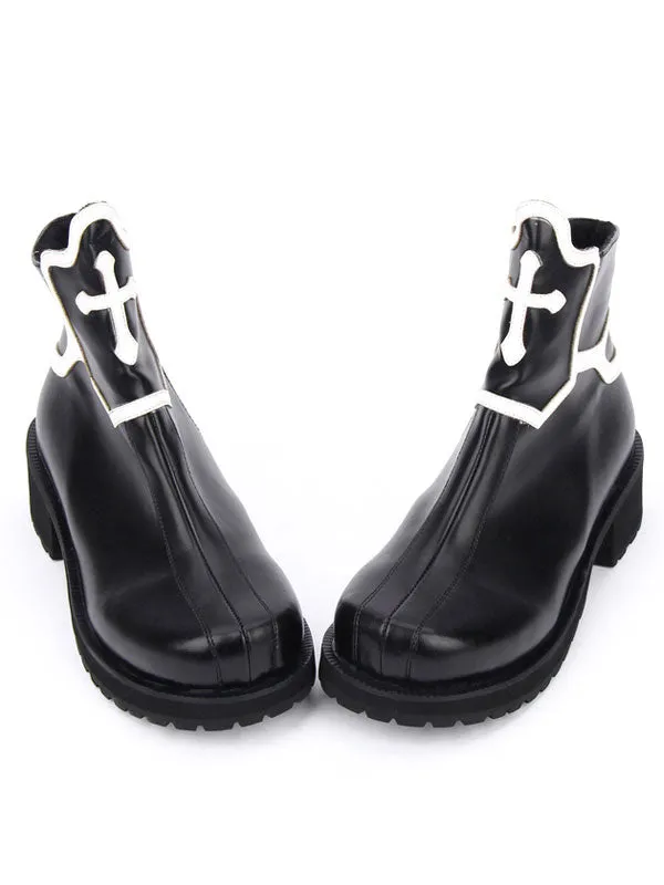 Black Lolita Booties Round Toe PU Printed Lolita Short Booties For Women
