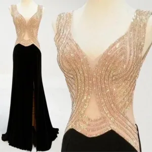 Black Side Slit Beading Sexy Evening Party Long Prom Dresses, BG51196