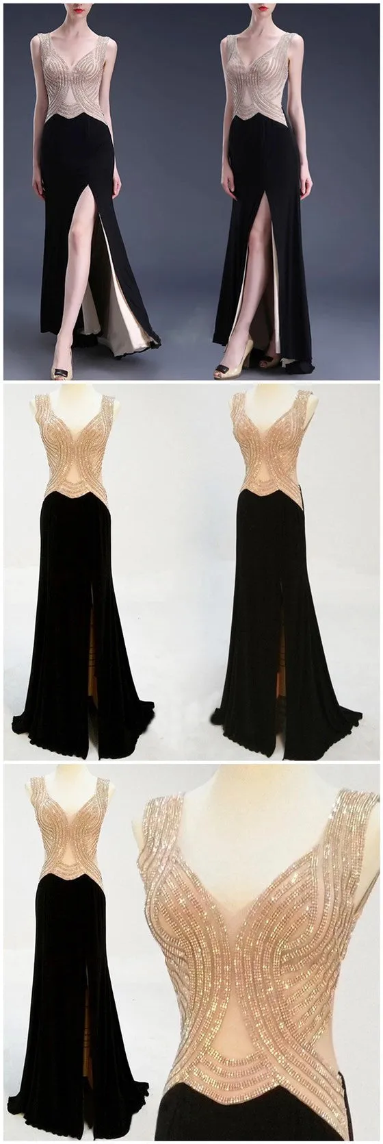 Black Side Slit Beading Sexy Evening Party Long Prom Dresses, BG51196