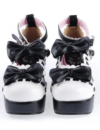 Black White Lolita Chunky Heels Shoes Platform White Trim Bows Ankle Strap