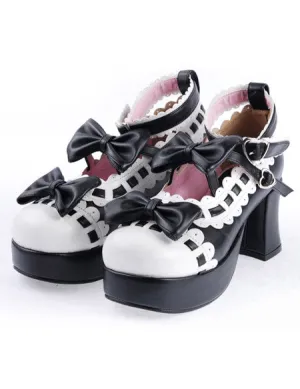 Black White Lolita Chunky Heels Shoes Platform White Trim Bows Ankle Strap