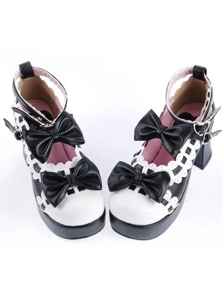Black White Lolita Chunky Heels Shoes Platform White Trim Bows Ankle Strap