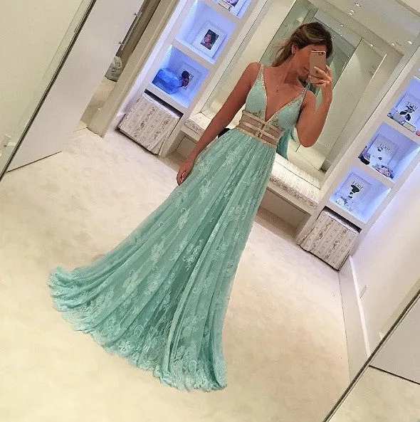 Blue Lace V Neck Sexy Inexpensive Long Prom Dresses, BG51533
